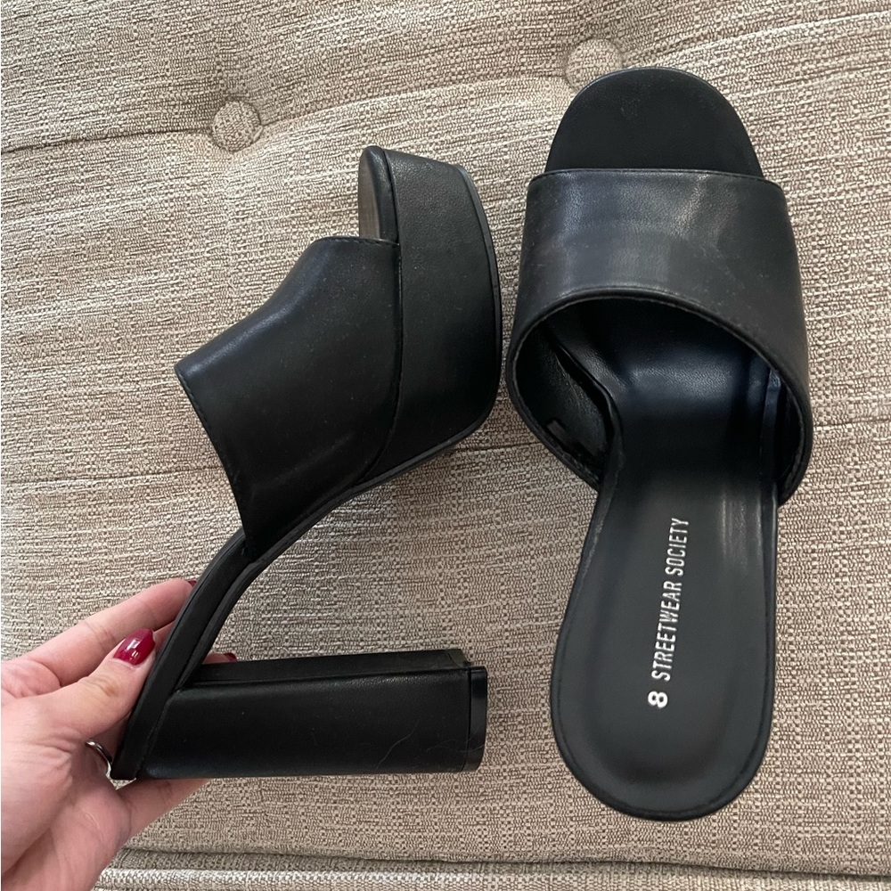 Black block sandal heels
